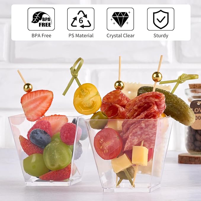 50 Sets 7 oz Plastic Charcuterie Cups with 200 Sticks, Square Appetizer Cup with Cocktail Picks Mini Party Serving Cups for Fruit, Snack, Dessert