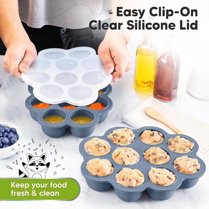 KeaBabies Silicone Food Freezer Trays with Lid, 2oz x 10 Pods (Slate) | Baby Food Storage Containers, Easy Puree Meal Prep, Breast Milk Silicone Freezer Molds, Dishwasher, Microwave Safe, BPA-Free