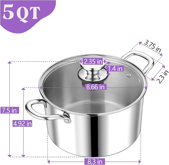 P&P CHEF 5 Quart Tri-Ply Stainless Steel Stock Pot, Cooking Pot with Lid | 5 Qt Stockpot for Soup Pasta Vegetable, Induction Cookware for All Stoves, Sturdy & Double Handle, Oven & Dishwasher Safe