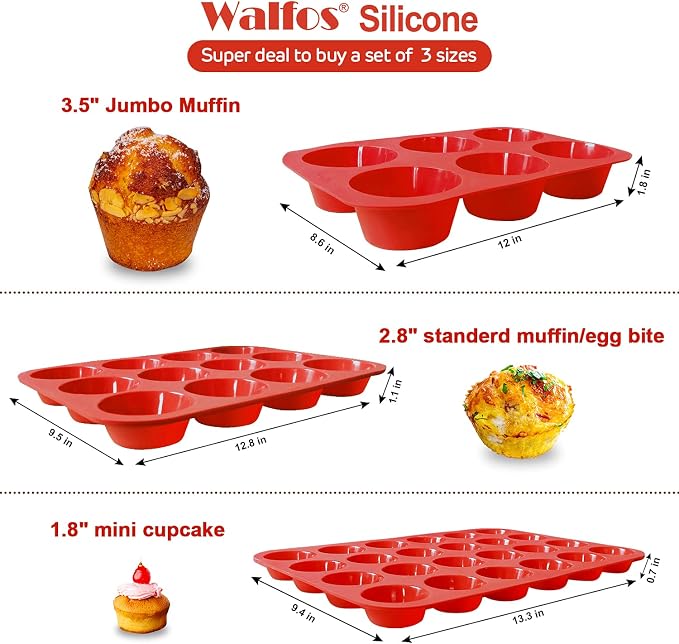 Walfos Silicone Muffin Pan - Cupcake Pans Set of 3, Including 24 Cups Mini Muffin Pans, 12 Cups Regular & 6 Cups Jumbo Muffin Pan, Release Easily - BPA Free & Dishwasher Safe