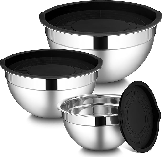 LIANYU Mixing Bowls with Lids Set of 3, Stainless Steel Nesting Metal Bowls | Large & Small Bowl for Kitchen Storage, Dishwasher Safe & Easy Cleaning, Size 1.5QT & 3QT & 4.6QT, Black