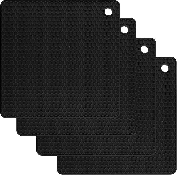 Silicone Trivets for Hot Dishes, Pots and Pans, Hot Pads for Kitchen, Black Silicone Pot Holders Mats for Kitchen Counter, Non Slip Heat Resistant Mat, Flexible Trivet Mat Set 4