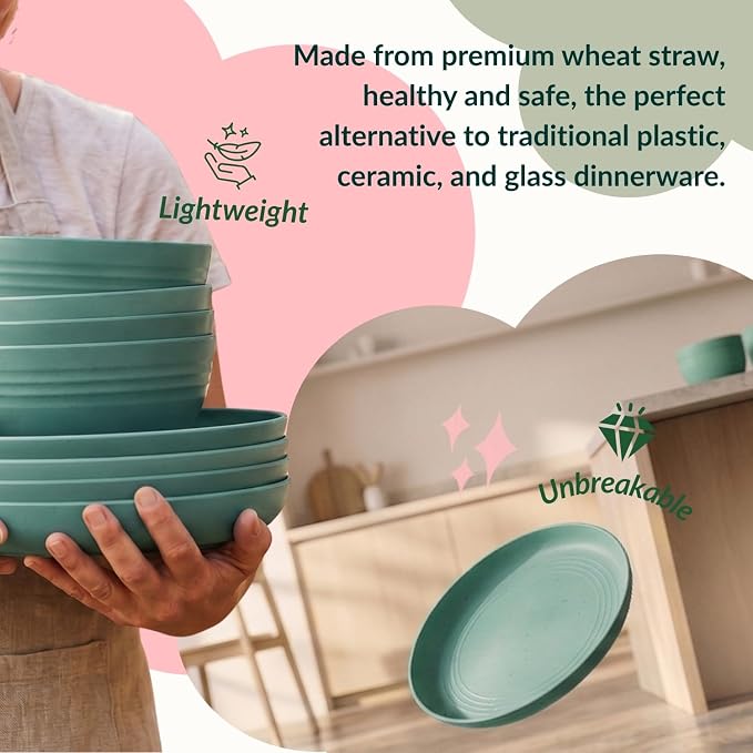 Wheat Straw Dinnerware Sets, Homienly 20pcs Unbreakable Microwave Dishwasher Safe Tableware Lightweight Bowls, Cups, Plates Set Reusable Dinner Plates Bowls set (Green)