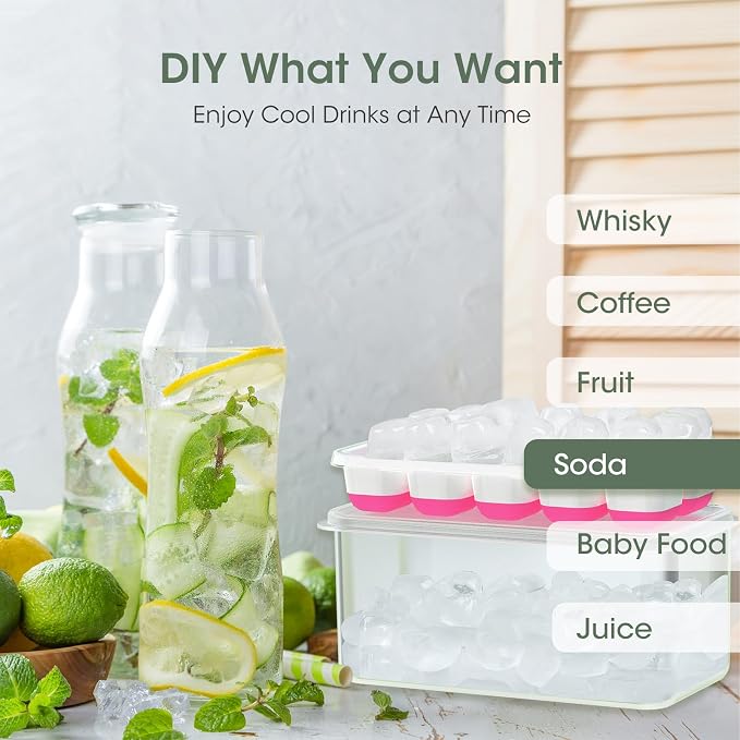 DOQAUS Ice Cube Tray with Lid and Bin,4 Pack Ice Cube Trays for Freezer | Silicone,Stackable.Easy Release Trays with Storage Bin & Scoop. Ideal for Freezer, Kitchen, RV, Cocktail, Coffee.