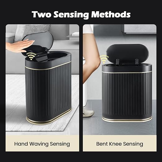 SYNCVIBE Bathroom Sensor Trash Can with Lid, 2 Gallon, Black Gold | Automatic Garbage Can, 7.5 Liter Smart Trash Bin, Slim IPX5 Waterproof Plastic Wastebasket for Bedroom and Office