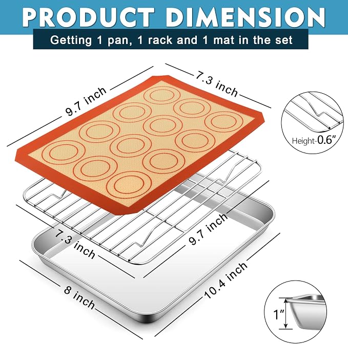 P&P CHEF 10.4 Inch Baking Sheet Pan Cooling Rack with Mat Set for Cookie | Stainless Steel Cookie Pan with Cooling Rack and Silicone Mat for Baking & Roasting, Oven & Dishwasher Safe, Easy Clean