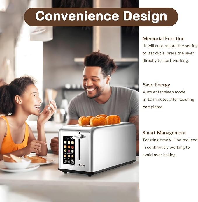 Mecity Touchscreen Toaster, 2 Long Slots for 4 Slices, Digital Bread & Browning Control, Stainless Steel Slim Toaster with Bagel, Gluten-Free, Defrost & Reheat, 120V, 1400W