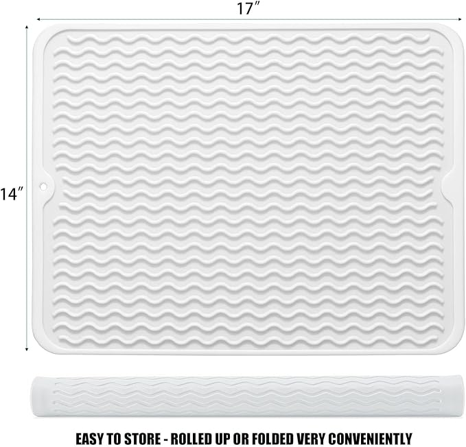 Silicone Dish Drying Mat, Non-Slip Easy Clean Sink Mat, White, 17" x 14" | Quick-Dry Ridges, Large Heat-resistant Dish Drainer Mat for Kitchen Counter, Hangable & Roll-Up for Storage, Dishwasher Safe