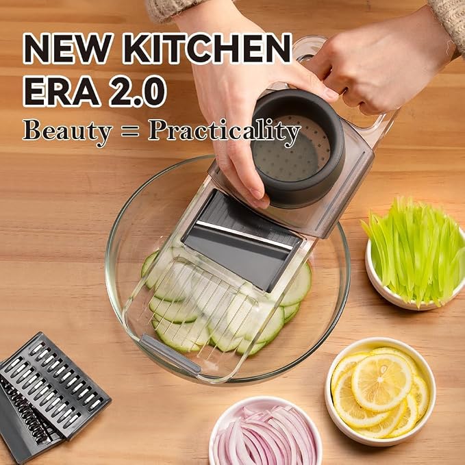 Multi-function 6 in 1 Mandoline Safe Vegetable Fruit Manual Slicer/Shredder Chopper Interchangeable Handheld Shining Transparent Exquisite Thickened Plastic Board Kitchen Prep Tool for Onion Garlic