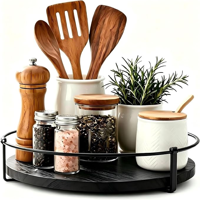 Lazy Susan Turntable Organizer for Table Top 10" （Black） | Round Wooden Lazy Susan for Cabinet, Farmhouse Decorative Tray for Coffee Table, Kitchen Organizer, Center Piece Decor, Ru