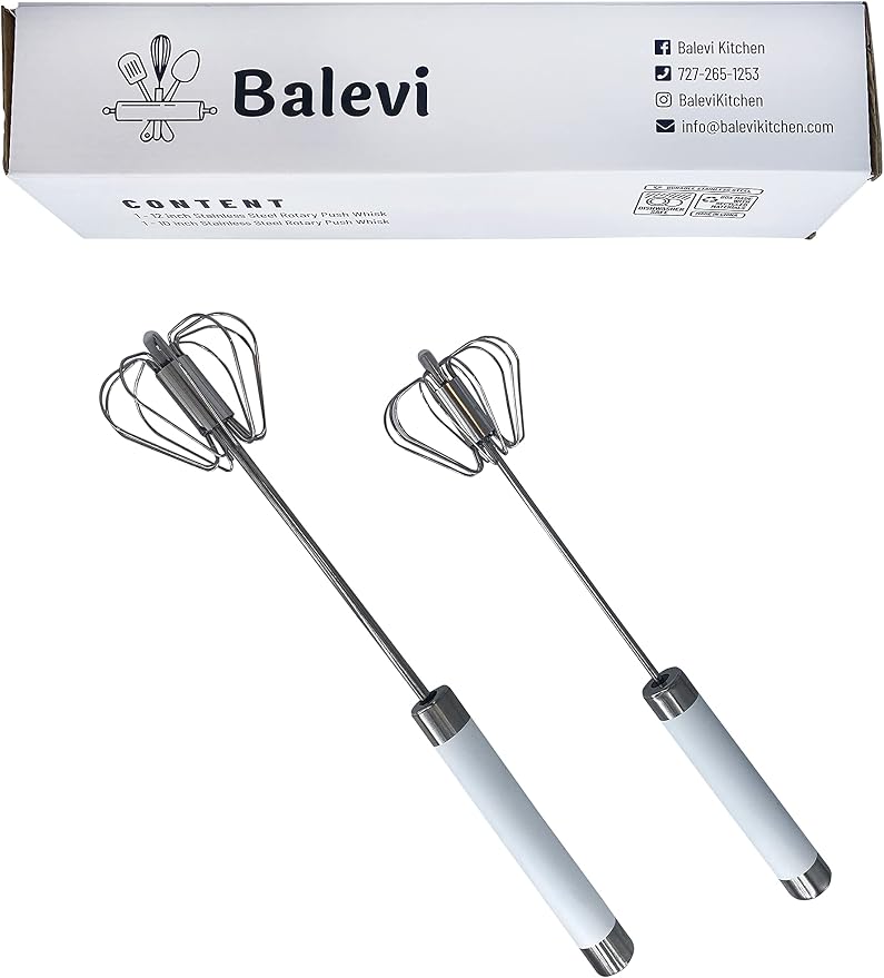 Stainless Steel Push Whisk - Easy to Use Manual Hand Mixer & Plunger Whisk - Make Froth, Foam & Whipped Cream - Semi Auto Egg Beater Plastic Tip Won’t Scratch Pans (2 Pack 10in & 12in) WHITE