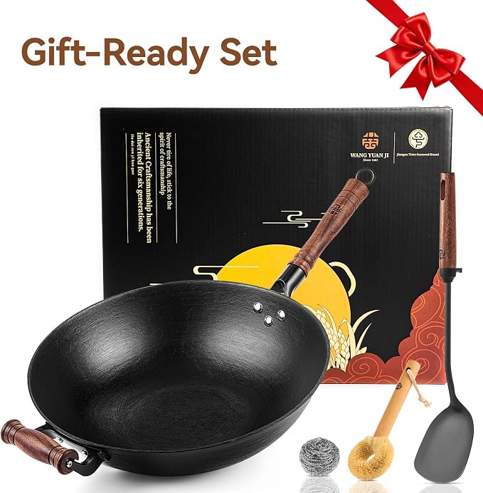 WANGYUANJI Cast Iron Wok Pan with Lid, 14.2 Inch Large Flat Bottom Uncoated Stir Fry Skillet, Heavy Duty Chinese Iron Pot for 4-6 People, Detachable Walnut Handle, Induction & Gas Safe