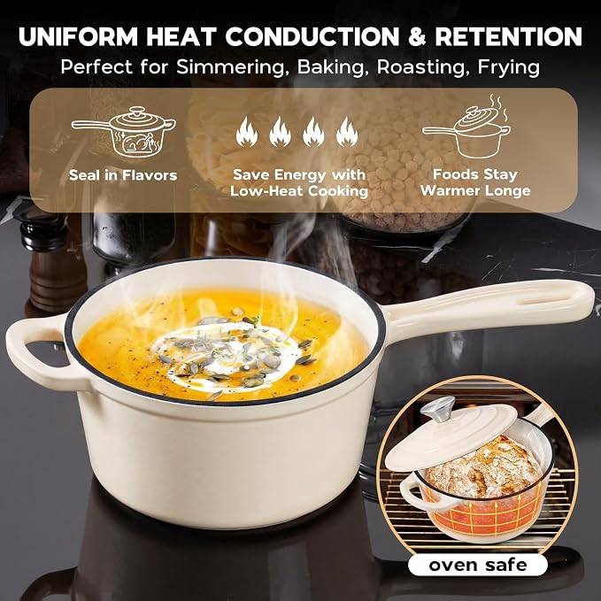 Onader Enameled Cast Iron Saucepan Set, 1 Quart & 2 Quart Sauce Pan with Lid, Small Cast Iron Pot for Cooking, Enamel Dutch Oven, Nonstick & Heavy Duty – Cream White