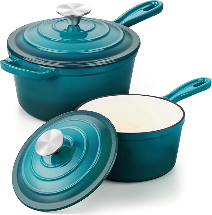 Leonyo 1Qt & 2Qt Enamel Cast Iron Saucepan Set, Dutch Oven Pot, Lake Green | For All Cooktops Cooking Pasta, Milk, Oatmeal - Up to 500°F & Nonstick