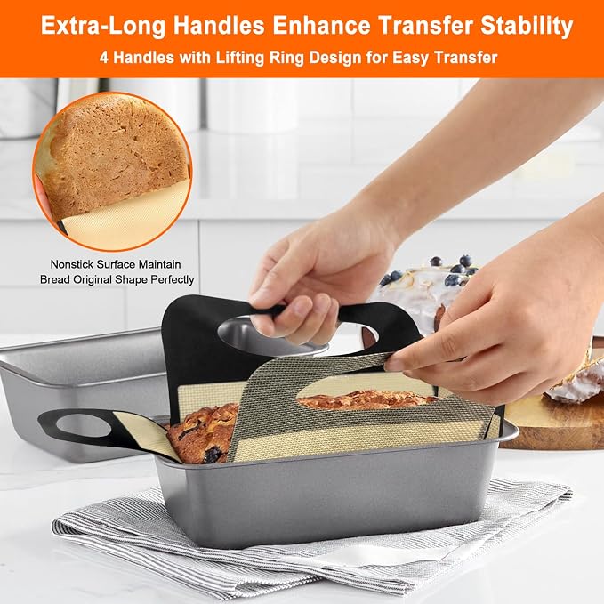 2 Pcs Reusable Silicone Bread Sling, Food-Grade Silicone Bread Loaf Pan Liners & Lifters with 4 Handles, Non-Stick & Easy Clean Dough Transfer Baking Mat for 9x5" or 1.5lb Loaf Pans(Brown)
