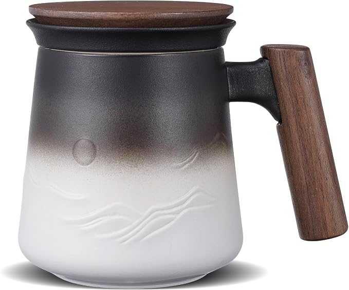 ZENS Tea Infuser Mug with Lid for Loose Tea Steeper, 14.5oz White | Embossed Ceramic Tea Cup with Infuser for Herbal Tea Difussers, Tea Lovers Gifts, Modern Organic Wood Handle
