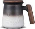 ZENS Tea Infuser Mug with Lid for Loose Tea Steeper, 14.5oz White | Embossed Ceramic Tea Cup with Infuser for Herbal Tea Difussers, Tea Lovers Gifts, Modern Organic Wood Handle