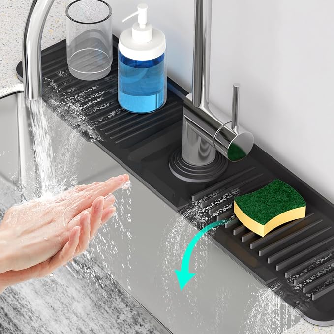 24 Inch Longer Faucet Mat for Kitchen Sink, 5° Slope Fast Self-draining, Kitchen Sink Splash Guard Silicone Sink Faucet Mat Splash Guard Kitchen Sink Area Tidy Splash Faucet Guard Draining Mat