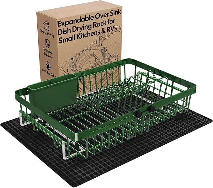 Green Dish Drying Rack Over The Sink with Utensil Holder, Mat | Expandable Stainless Steel Dish Drainer for Small Kitchen, Apartment, RV, Counter Space Saving, Perfect Fit, Rustproof