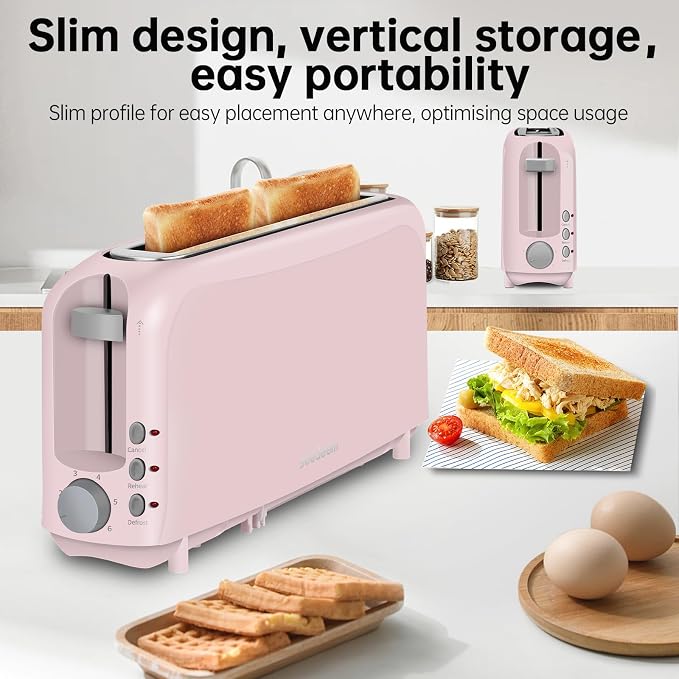 SEEDEEM 2 Slice Slim Toaster, 10" Long Slot, 6 Shade Settings, Pink | Long Slot, 6 Shade Settings, Cancel/Reheat/Defrost, Removable Crumb Tray