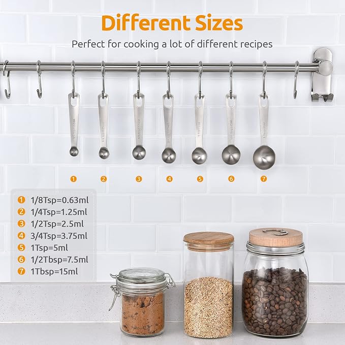 U-Taste 18/8 Stainless Steel Measuring Spoons Set of 7, Teaspoon Tablespoon | Kitchen Metal Measure Spoon Set, 1/8tsp, 1/4tsp, 1/2tsp, 3/4tsp, 1tsp, 1/2tbsp, 1tbsp for Dry & Liquid Ingredients