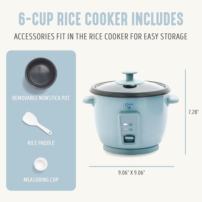 GreenLife Rice Cooker, 3-Cups Uncooked/6-Cups Cooked, Blue Haze | PFAS-Free Ceramic Nonstick Removable Pot, One-Switch Design, Grains Multicooker, Keep Warm, Dishwasher Safe Parts, Easy Clean