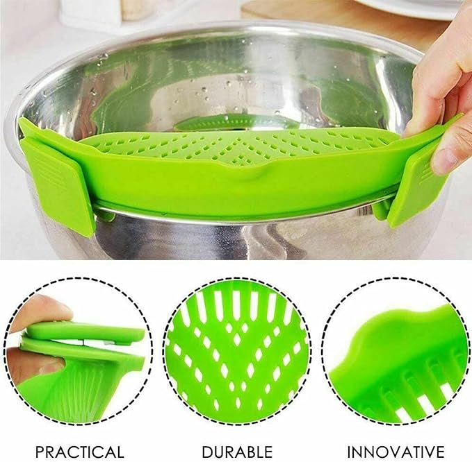 Clip-on Kitchen Food Strainer for Spaghetti, Pasta, Meat, Fruits, Vegetables. Silicone Kitchen Food Strainer for Pots & Bowls