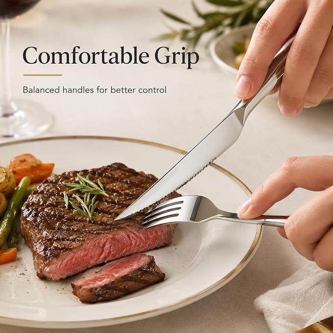 SANTUO 20-Piece Steak Knife and Fork Set for 10, Stainless Steel Steak Knives with Dinner Forks, Serrated Steak Knife Set, Heavy Duty Flatware, Dishwasher Safe for Kitchen, Restaurant and BBQ