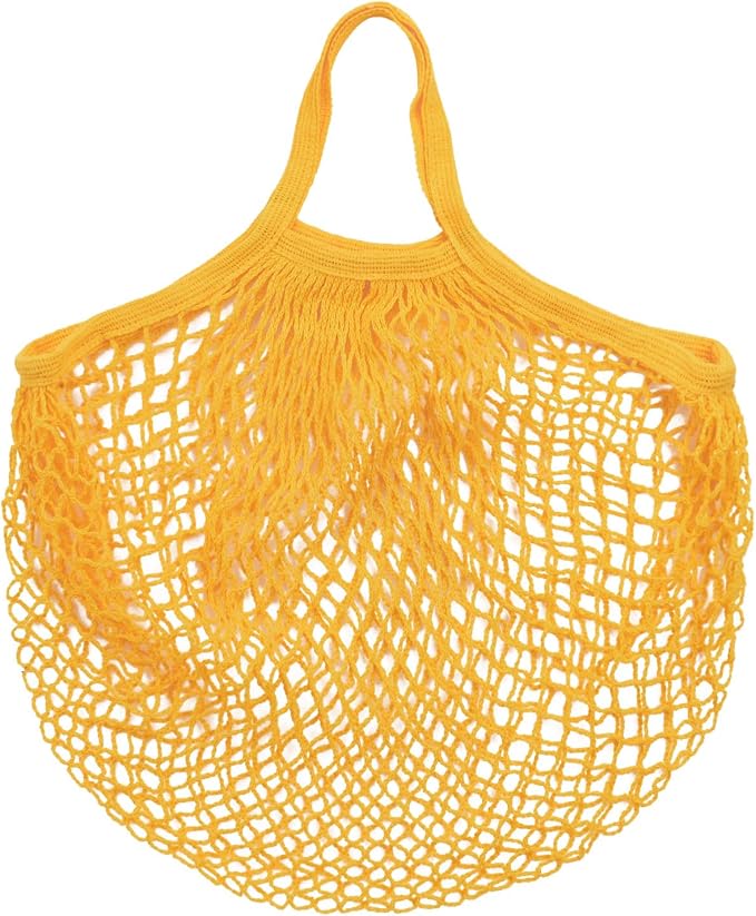 M METERXITY 1-Pack Cotton Mesh Bag, Reusable Washable Mesh Net String Grocery Bags, Reusable Produce Bags with Handle, Net Tote Bag for Fruits/Vegetables Shopping [Yellow, Short Handle]