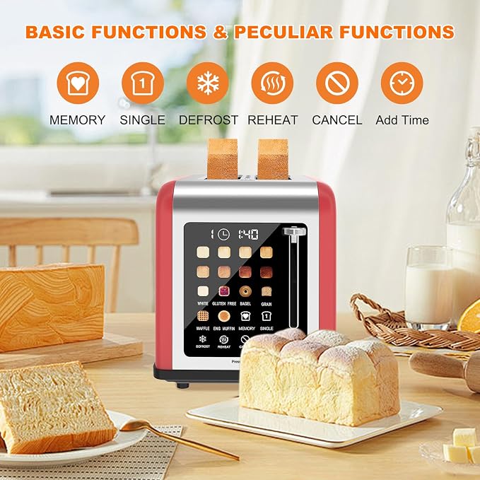 2 Slice Toaster Touch Screen, Stainless Steel Toasters Digital Timer 2 Slot Toasters, 8 Shade Settings 6 Bread Types for Bagel, Cancel, Defrost (Black)