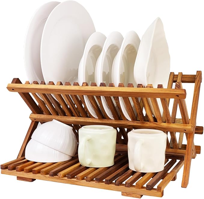 Utoplike Teak Dish Drying Rack Collapsible, Large Dishes Draine 3 Tier | Foldable Large Capacity Dish Draine, Space-Saving Countertop Kitchen Organizer for Plates, Cups