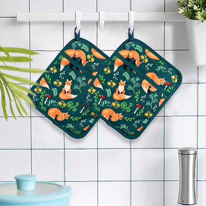 Pot Holders Set of 2 Heat Resistant 480℉ Kitchen 100% Cotton | Comfortable Lining Printing Fox Flower Women Men Home Cooking Baking Microwave BBQ Gift(fox flower)