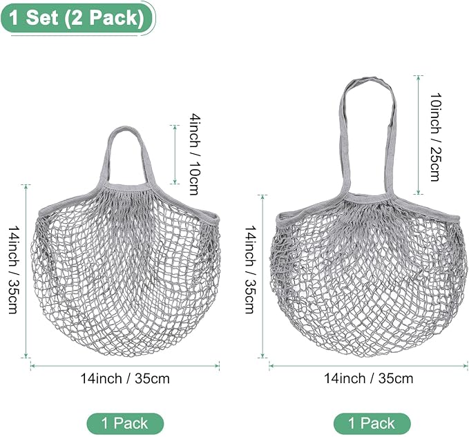 M METERXITY 2-Pack Cotton Mesh Bag, Reusable Washable Mesh Net String Grocery Bags, Reusable Produce Bags with Handle, Net Tote Bag for Fruits/Vegetables Shopping [Gray, Long&Short Handle]