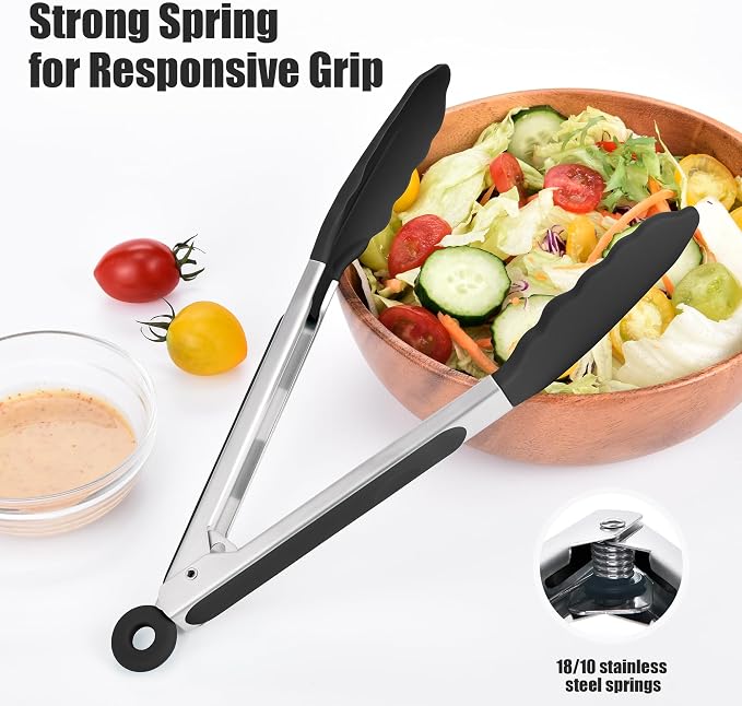 Doosu Kitchen Tongs with Silicone Tips for Cooking Serving (9+12in, Black) | 600°F Heat Resistant Food Tong, Heavy Duty Stainless Steel Locking Tong for BBQ, Grilling Steak, Salad, Toast, Pasta