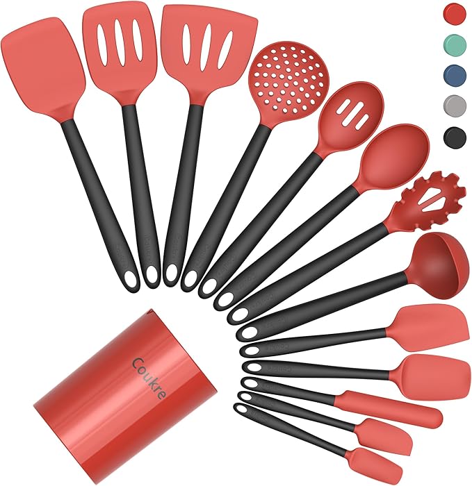 Coukre Silicone Kitchen Cooking Utensils Set, Heat Resistant, 14-Piece | Dishwasher-Safe, Food-Grade Silicone, BPA-Free, Spatulas, Spoons & Turner, Safe for Nonstick Cookware, Red