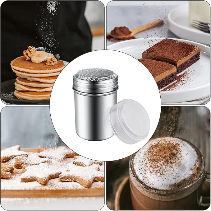 1Pcs Stainless Steel Powder Sugar Shaker Duster with Lid, Fine Mesh Shaker Powder Cans for baking soda Cocoa Cornstarch Coffee Flour ect