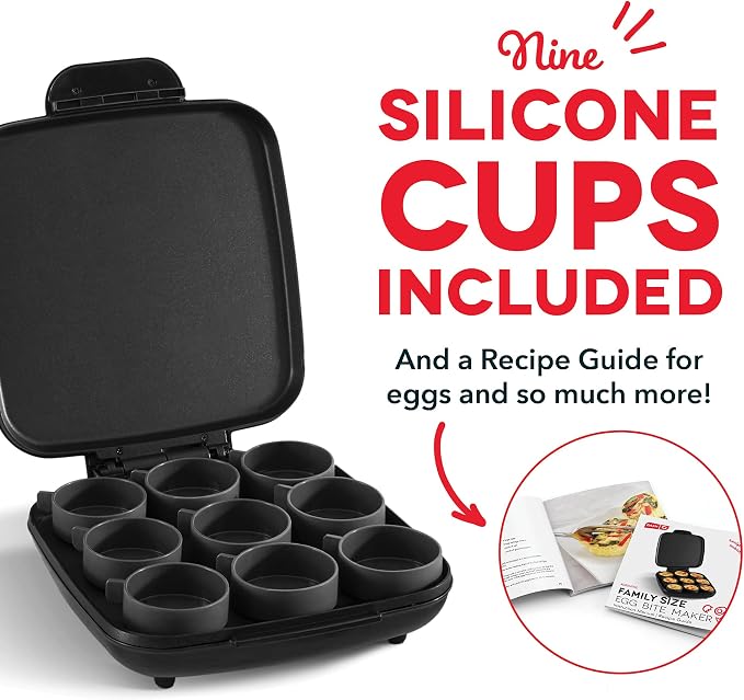 Dash Family Size Egg Bite Maker - Electric Egg Bite Maker with Non-Stick Silicone Cups - Space-Saving Design & Quick Cleanup - Make Sandwiches, Healthy Snacks & Desserts - 9 Servings, Black
