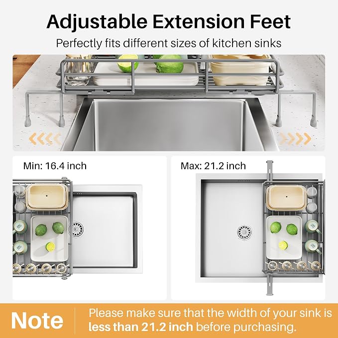SNTD Expandable Dish Drying Rack for Kitchen Counter, Stainless Steel, Grey | Foldable Over Sink, Large Capacity, Adjust to Fit Most Sinks, Angled Drainboard, Removable Utensil Holder, Slip Resistant