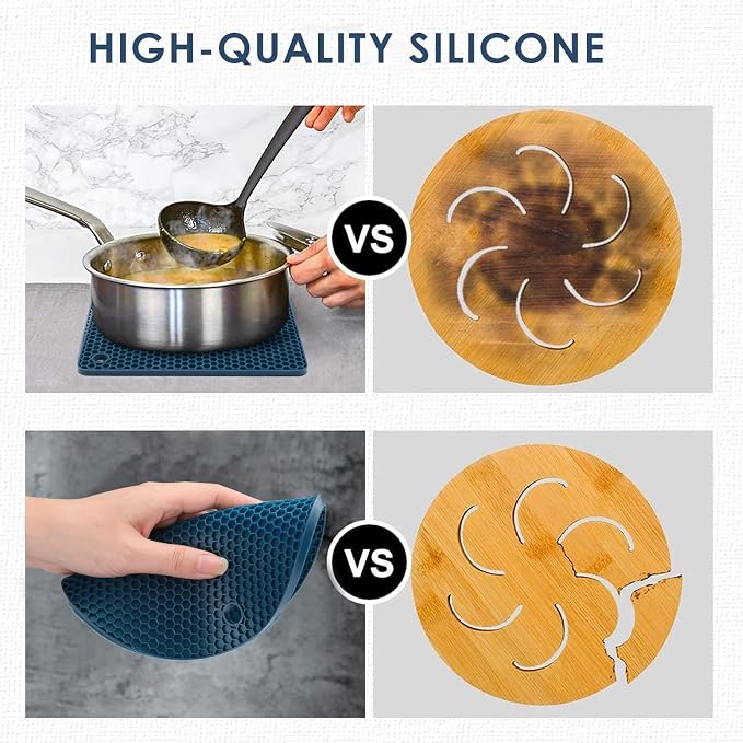 Silicone Trivets for Hot Dishes, 4 PCS Multipurpose Heat Resistant Mat Thick Silicone Hot Pads Pot Holders for Kitchen Counter, Flexible Jar Opener Food Grade Spoon Holder, Indigo Coasters