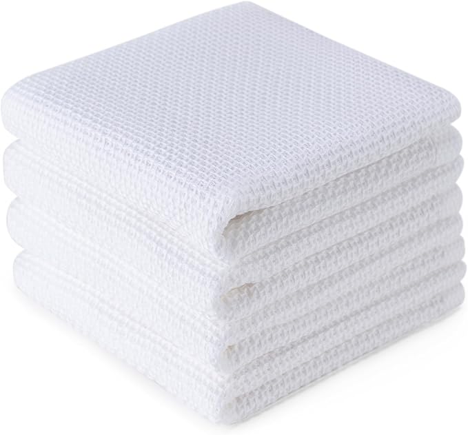 BOOMIBOO 4-Pack Dish Towels,100% Cotton Waffle Weave,13x28 in,White | Ultra Soft Absorbent, Quick Drying