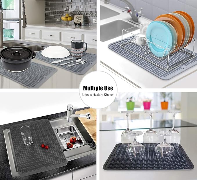 Silicone Dish Drying Mat, Non-Slip Easy Clean Sink Mat, White, 16" x 12" | Quick-Dry Ridges, Large Heat-resistant Dish Drainer Mat for Kitchen Counter, Hangable & Roll-Up for Storage, Dishwasher Safe