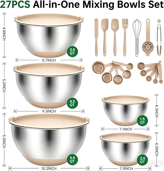Deedro Mixing Bowls with Airtight Lids, 22Pcs Stainless Steel Mixing Bowls Set, Nesting Bowls with Non-Slip Silicone Base, thicker Metal Bowls for Baking & Prepping, 1.5/2/3/4/5 QT, Khaki