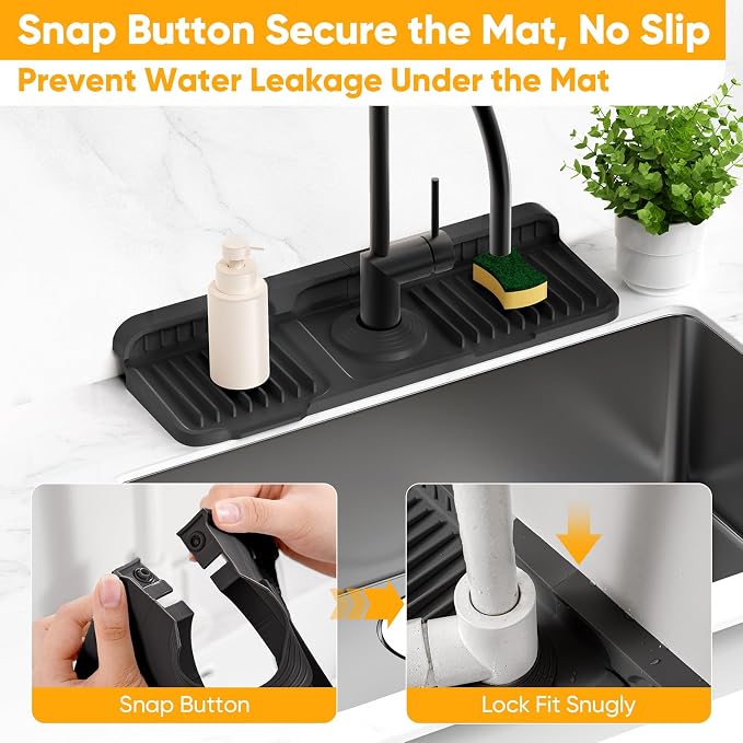 14.6 inch Faucet Mat for Kitchen Sink Splash Guard[7° Slope Fast Self-draining][Snap Lock Fit]Kitchen Sink Faucet Mat Splash Guard Kitchen Sink Area Water Splash Guard Behind Faucet Draining Mat