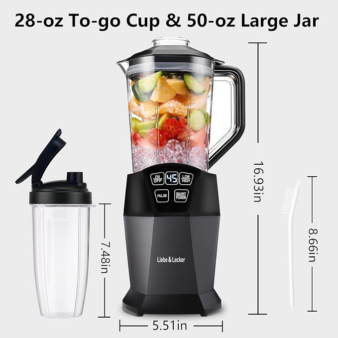 Liebe&Lecker 1200W Smoothie Blender, 50oz Juicer Machines | Milkshake Maker with 50-Oz Jar, 28-oz To-Go Cups & Spout Lids, or Frozen Drinks, Meal Prep, Zero BPA