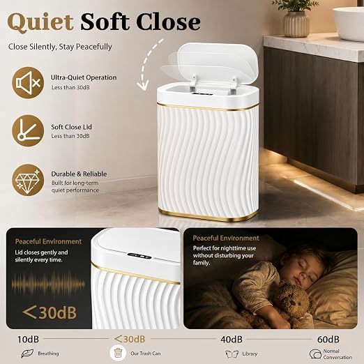 2.6 Gallon Automatic Bathroom Trash Can with Touchless Lid, White Gold | Motion Sensor Trash Can with Slim Waterproof Body; Small Plastic Garbage Can, hands-free lid for Bedroom, office, and kitchen
