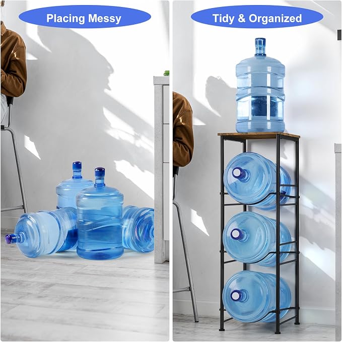 OYEAL 5 Gallon Water Bottle Jug Holder 3-Tier Water Bottle Holder Organizer with Top Shelf, Heavy Duty Water Dispenser Stand Rack for Kitchen Living Room Office, Rustic Brown