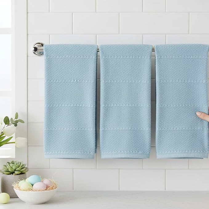 Light Baby Blue Kitchen Hand Dish Towels, Set of 3, 100% Cotton, 18" x 28" | Terry Loop Ribbed Textured, Soft & Absorbent Cleaning Cloth, Quick Dry, Multipurpose for Everyday Use