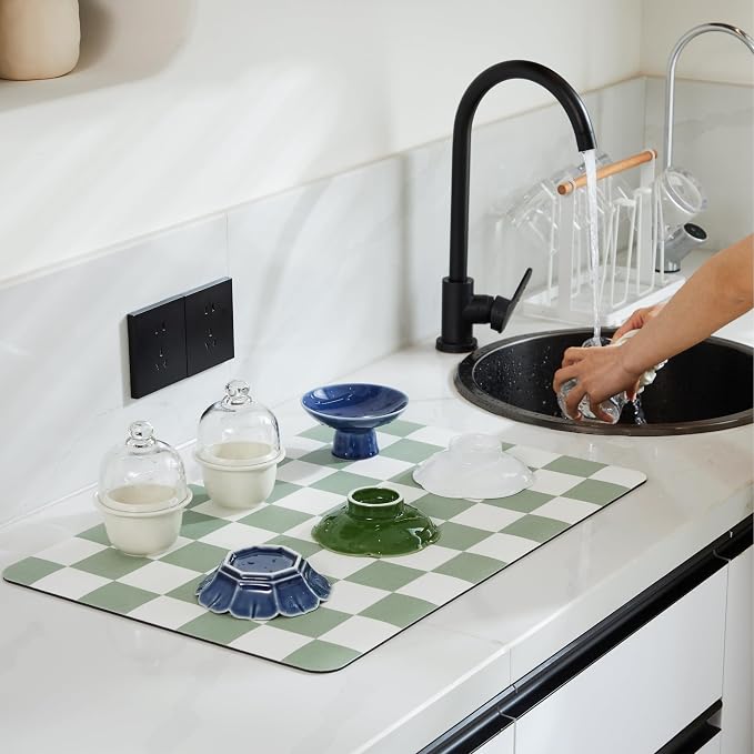 Ohocut Checkered Dish Drying Mat for Kitchen Counter, Coffee Bar Station Accessories, Retro Cute Aesthetic Modern Absorbent Drainer Mat Kitchen Drying Mat Easy Clean, Sage 12" x 19"
