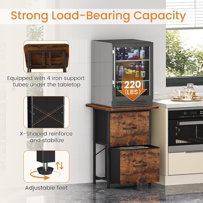 Snughome Mini Fridge Stand with Storage, Mini Fridge Cabinet Small Refrigerator Table Stand with Drawers, Heavy Duty 220 LBS, Compact Beverage Cooler Rack Shelf for Dorm, Apartment, Office Coffee Bar
