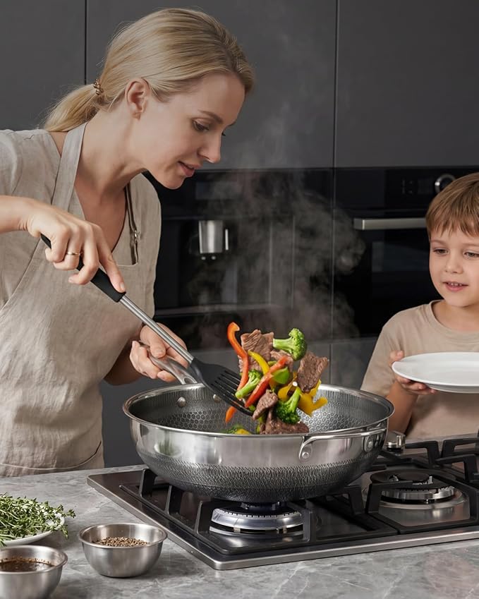 USELUCK Nonstick 12-Inch Wok with Glass Lid,Hybrid Tri-ply Stainless Steel WokCompatible with All Cooktops.